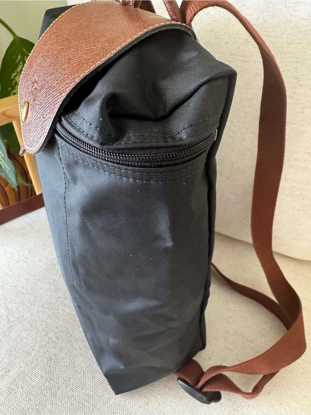 Longchamp Le Pliage Leather Flap Black With Brown Nylon Women’s Backpack